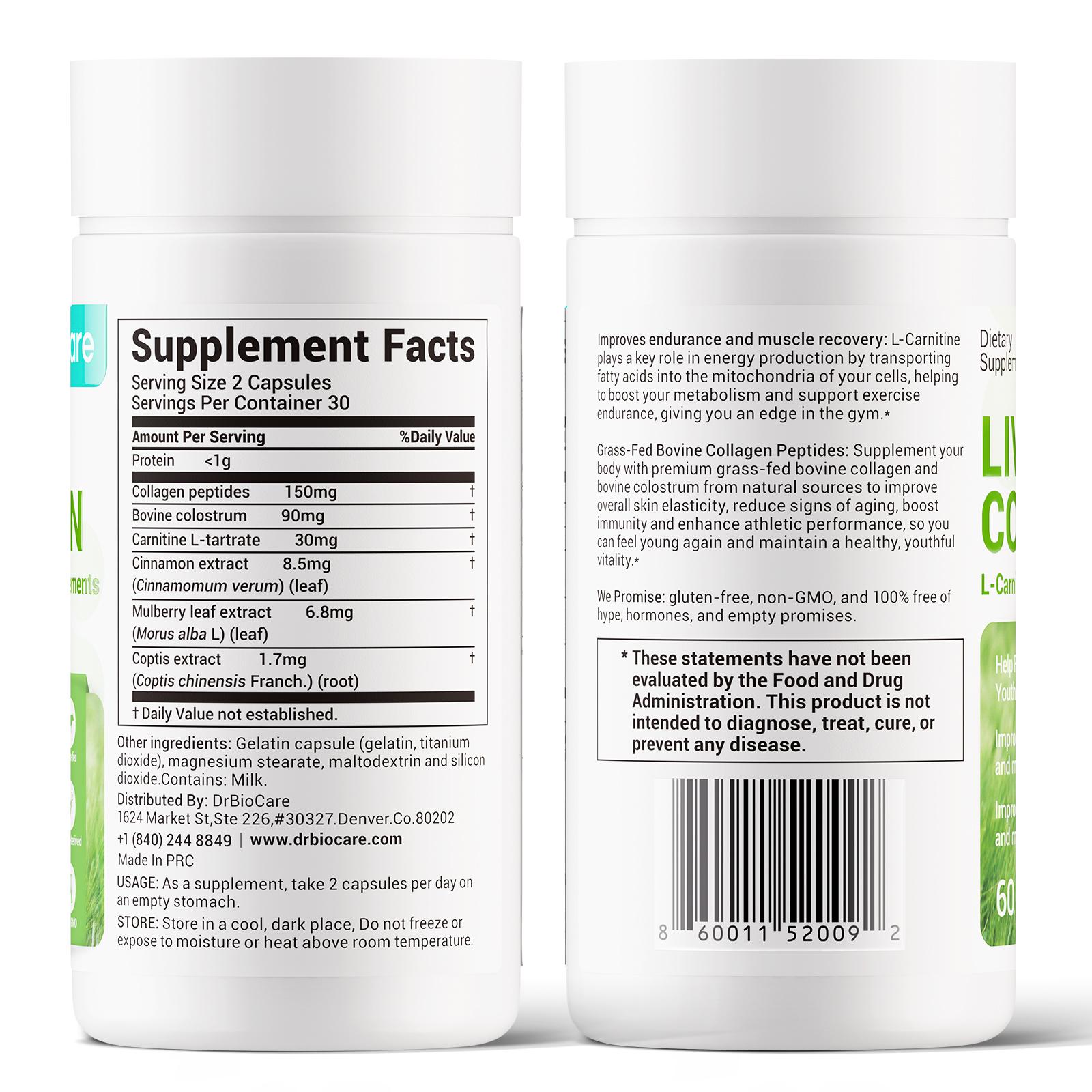 【B1G2 FREE 】DrBioCare Living Collagen L-Carnitine Complex Supplement, Non-GMO, Grass Fed Bovine Collagen Peptides, Bovine colostrum, Cinnamon extract, Mulberry leaf extract