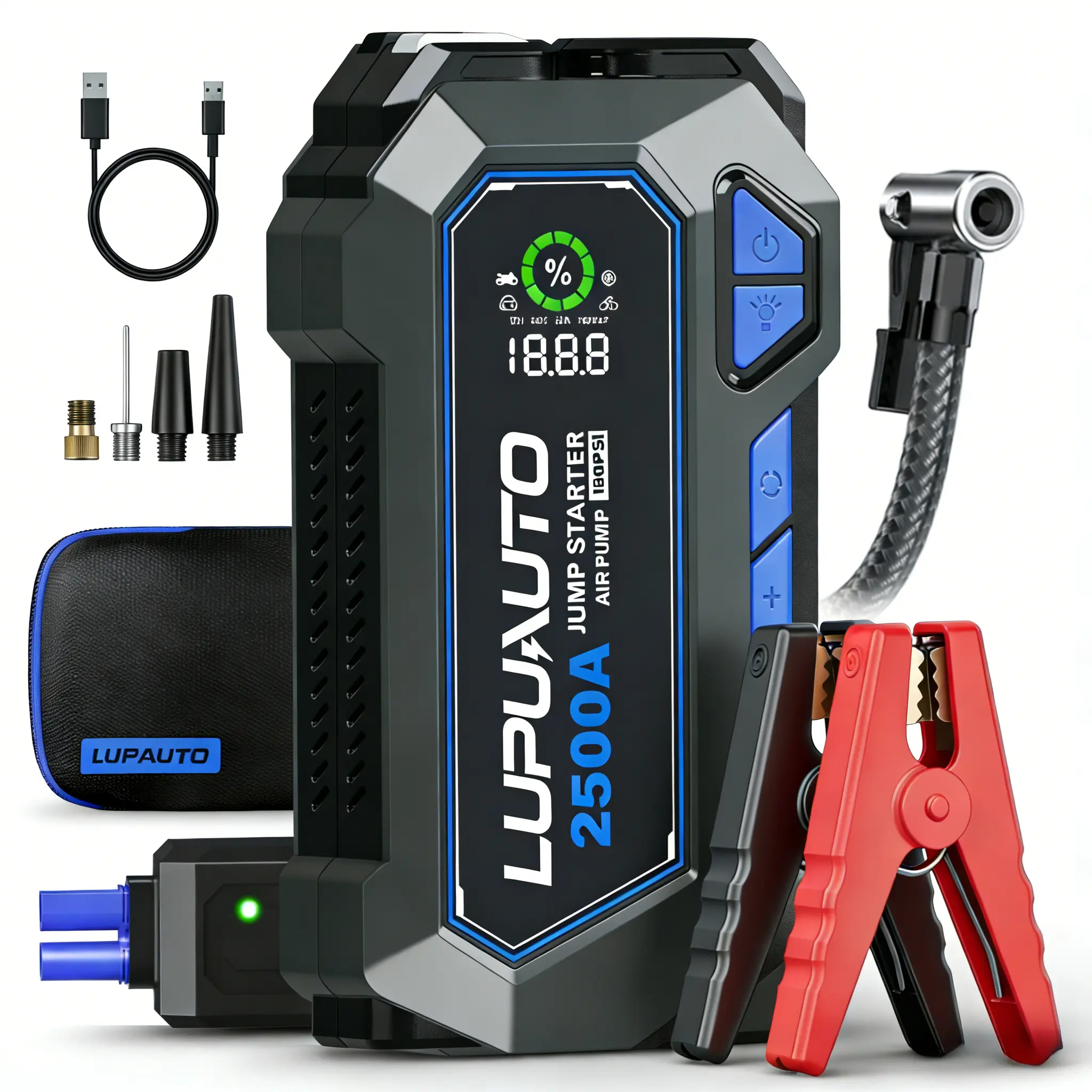 LUPUAUTO 12V Lightweight Portable 4-in-1 Automotive Safety Roadside Emergency Tool - Car Battery Booster Jump Starter, 150PSI Cordless Tire Inflator, 400lm LED Visibility Light, Type-C Fast Charging, USB Power Bank Port, Car Accessories