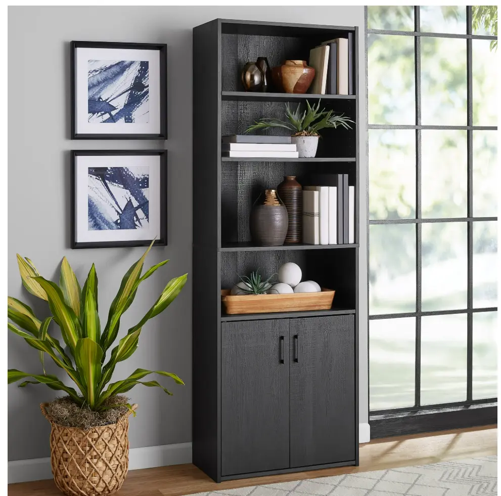 Traditional 5 Shelf Bookcase with Doors, Black Finish Traditional 5 Shelf Bookcase with Doors, Black Finish