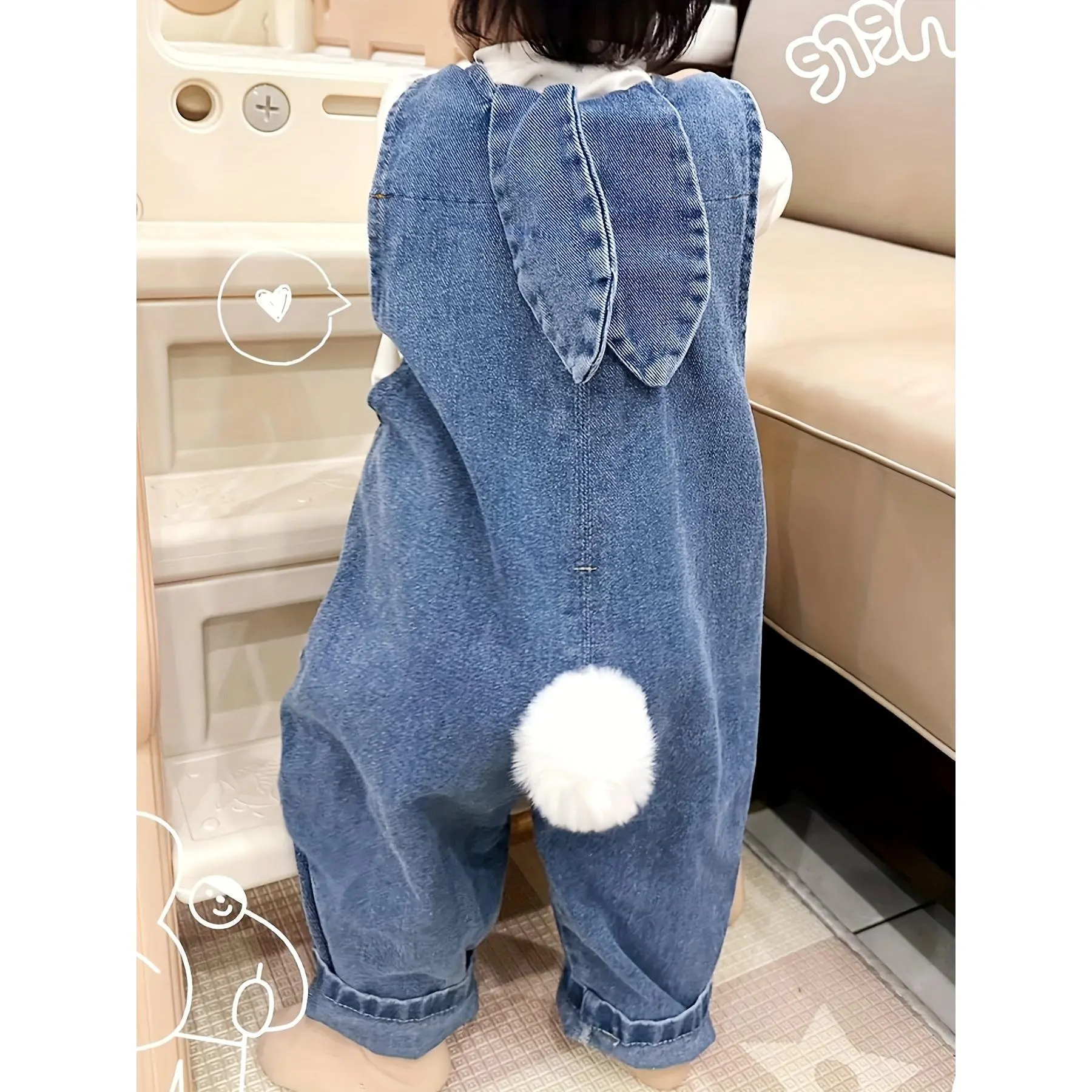 (New)Adorable Youngsters' Light Blue Denim Overalls with Rabbit Ear Details - Casual, Loose Fit for Spring & Autumn, Machine Washable, Perfect for Outdoor