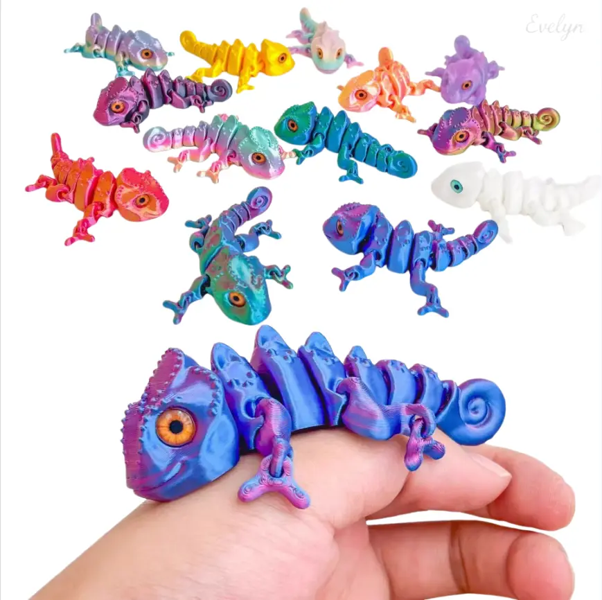 Articulated 3D Printed Chameleon Fidget Toy with Glow-In-Dark Rainbow Flexible Joints, Light-Luminous Lizard Stress Relief Desk Decor, Giftable Tail-Enhanced Ornament, Movable, Figurines For Adults, Animals, Glow In The Dark, Eco-Friendly Pla, Rainbow Hue
