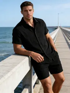 Men's Summer Set Regular Fit Solid Textured Short Sleeve Shirt & Shorts Casual Beach Vacation Sleepwear Loungewear Business Wear