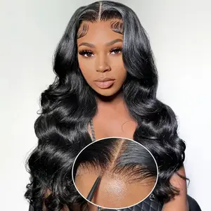 Drawstring Glueless Wig Body Wave 5x5 HD Lace Pre Cut Pre Bleached Knots Raw Vietnamese Hair 250% Density 100% Real Human Hair Wig Natural Black Color