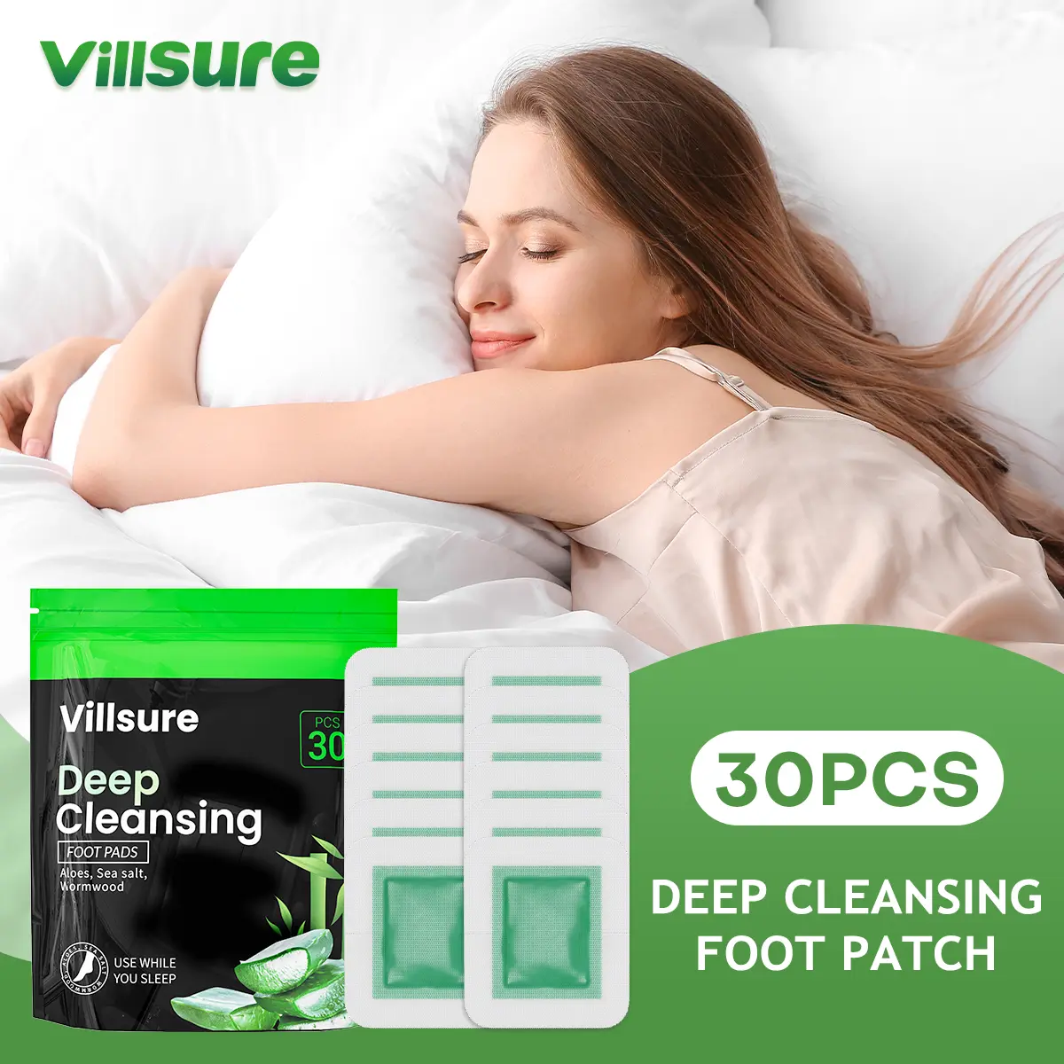 Villsure Deep Cleansing Foot Pads - 30 Natural Detox Patches with Aloe, Sea Salt, Tourmaline & Herbal Blend | Adhesive Foot Care to Improve Sleep, Relieve Fatigue, Cleanse Body & Mind | Bamboo Extract Foot Detox Sheets