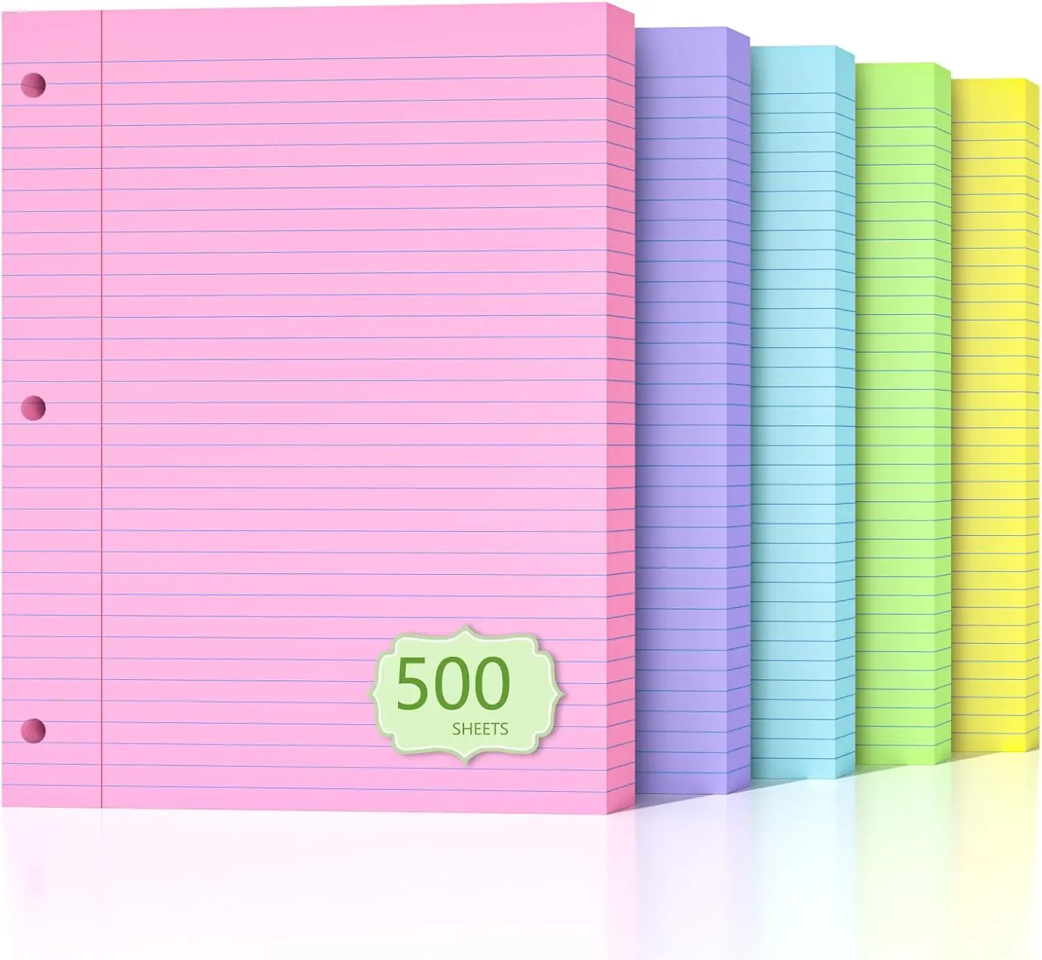 Colored Lined Loose Leaf Filler Paper with Colorful Paper Material, 500 Loose Sheets, 8"x10.5" College Ruled, 3-Hole Punched, for Students & Office Use, Binder Paper, Colorful Letter Paper