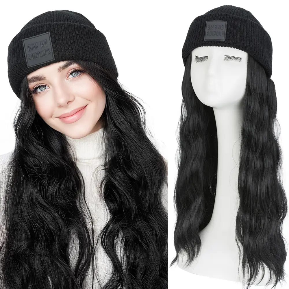 Knitted Beanie with 11-Inch Straight Synthetic Hair Extensions for Women, Winter Warm Knit Cap for Dating, 1 Size Fits All, Quick Change, One Size