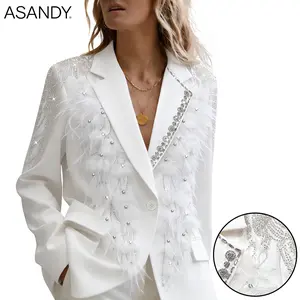ASANDY Women's Oversized White Blazer with Soft Feather Accents, Draping Crystal Chains | Glam Wedding, Party Outfit