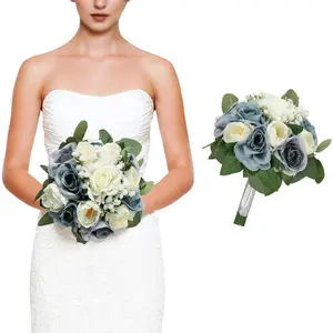 Wedding Bouquets for Bride, 11 Inch Bridesmaids Bouquets Artificial Flower Bouquets for Wedding Ceremony Bridal Shower Decorations - Dusty Blue & White
