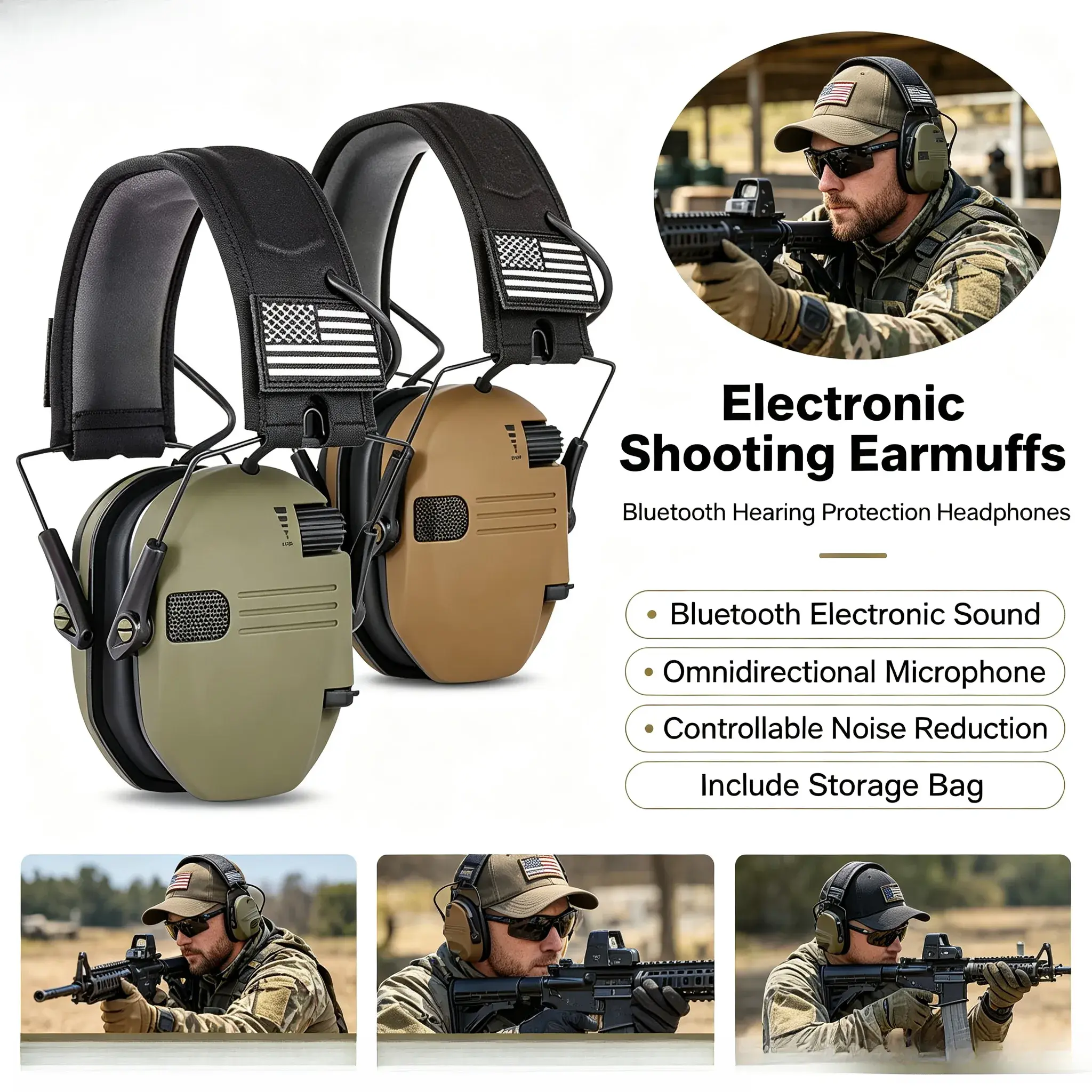 Electronic Ear Protection for Hunting, Over-Ear American Flag Earmuffs with Bluetooth, Noise Canceling & Controllable Sound Isolation for the Shooting Range, Adjust Noise Cancellation