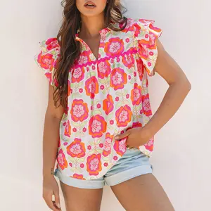 Rose Floral Ruffled Sleeve Ric-rac Trim Split Neck Loose Blouse