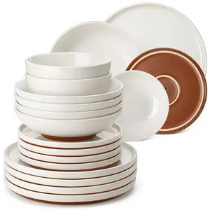 MALACASA Sesame Glaze Ceramic Dinnerware Set 4/6 Person Use Dishwasher & Microwave Safe, 12/16/18/24 Pcs Tableware with Red Matte Base, Plates and Bowls, Modern Kitchen Dish Series ZORA