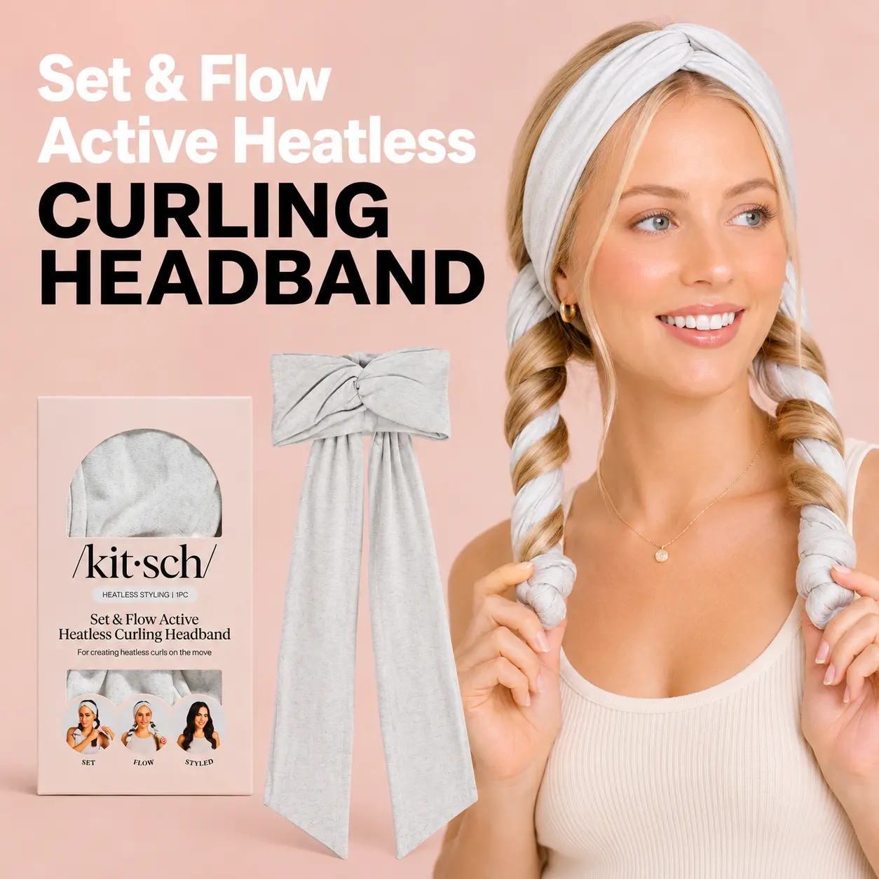 Heather Gray Set & Flow Active Curling Headband – Kitsch Heatless Hair Curler for Soft Waves & Curls