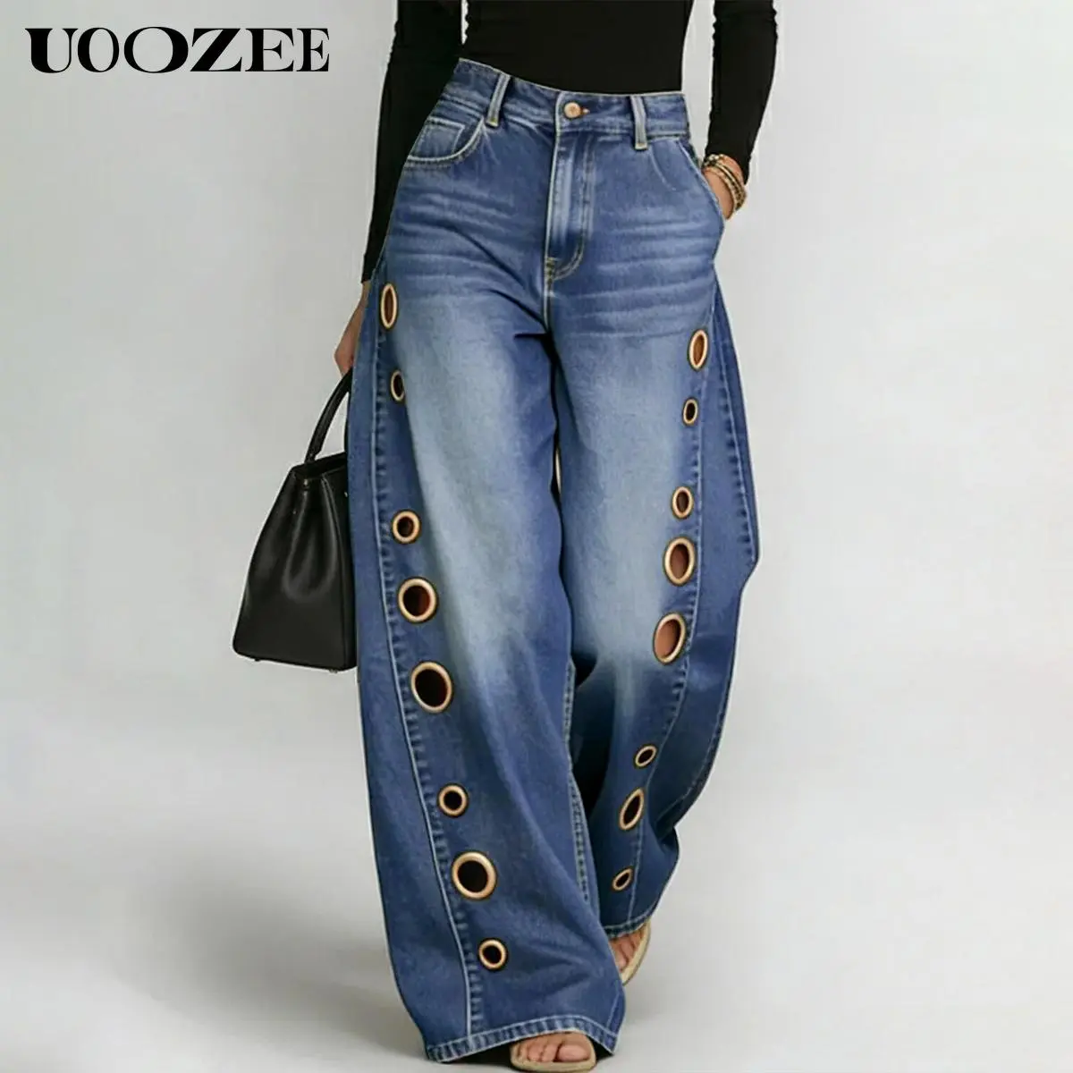 UOOZEE Women's Fall Jeans 2026 Graphic Eyelet Jeans, High-Waist Baggy Wide Leg Statement Denim Bottoms for Festival Looks,back to school shopping, Cropped
