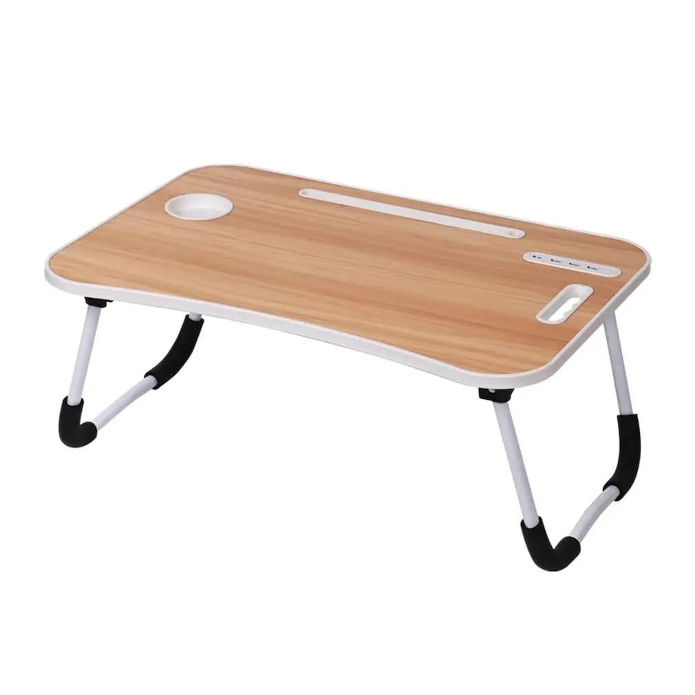 PHANCIR Foldable Lap Desk with 4 USB Charge Port, 23.6" Foldable Wood Laptop Desk, Durable Edge with Slots Cup Holder & Drawer, for Reading Writing Eating & On-the-Go Use