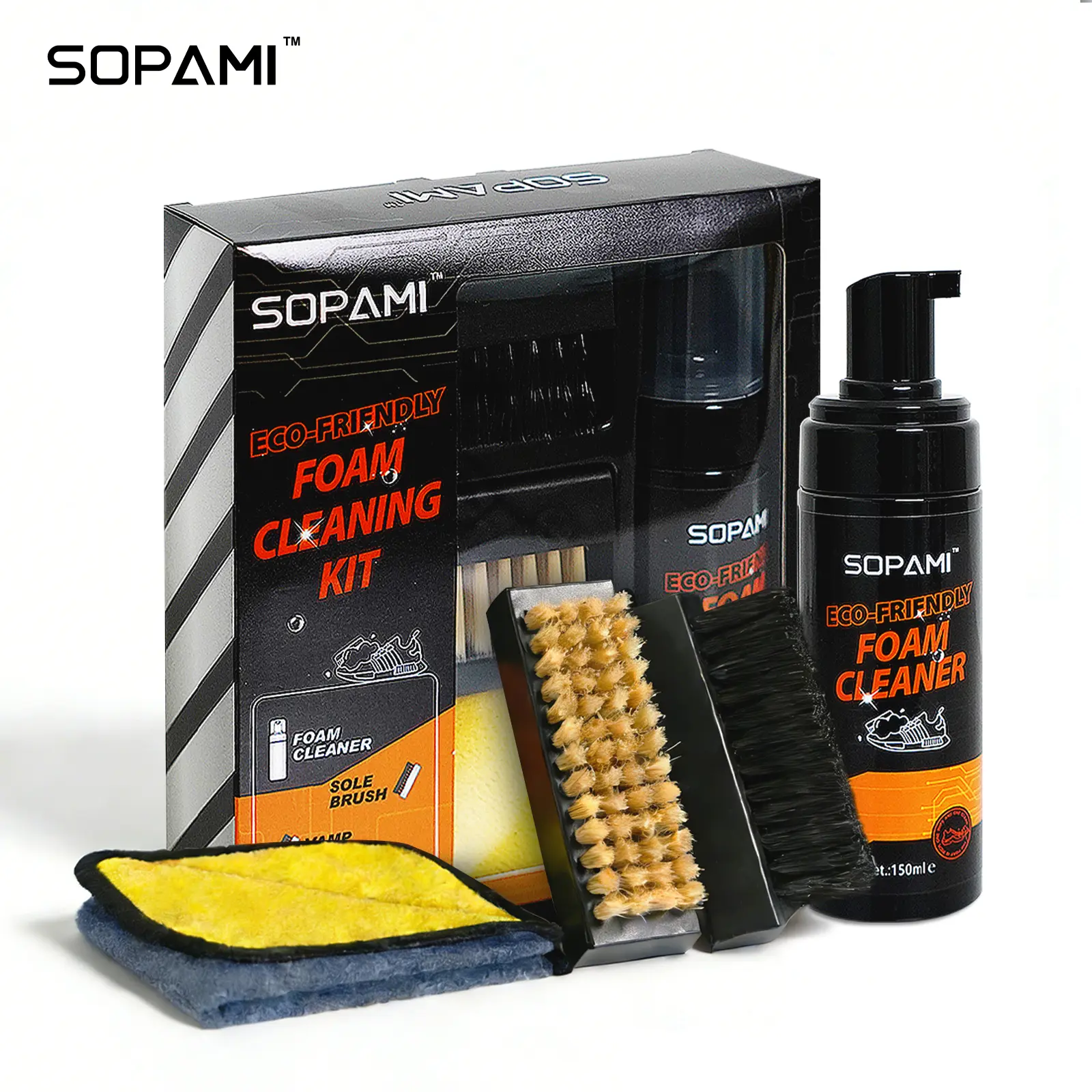 SOPAMI Eco-Friendly Foam Shoe Cleaning Kit, Waterless Deep Stain Remover with Brushes & Towel, Mild & Safe for Sneakers, Canvas, Mesh, Knitted & Leather Shoes, Complete Shoe Care Set