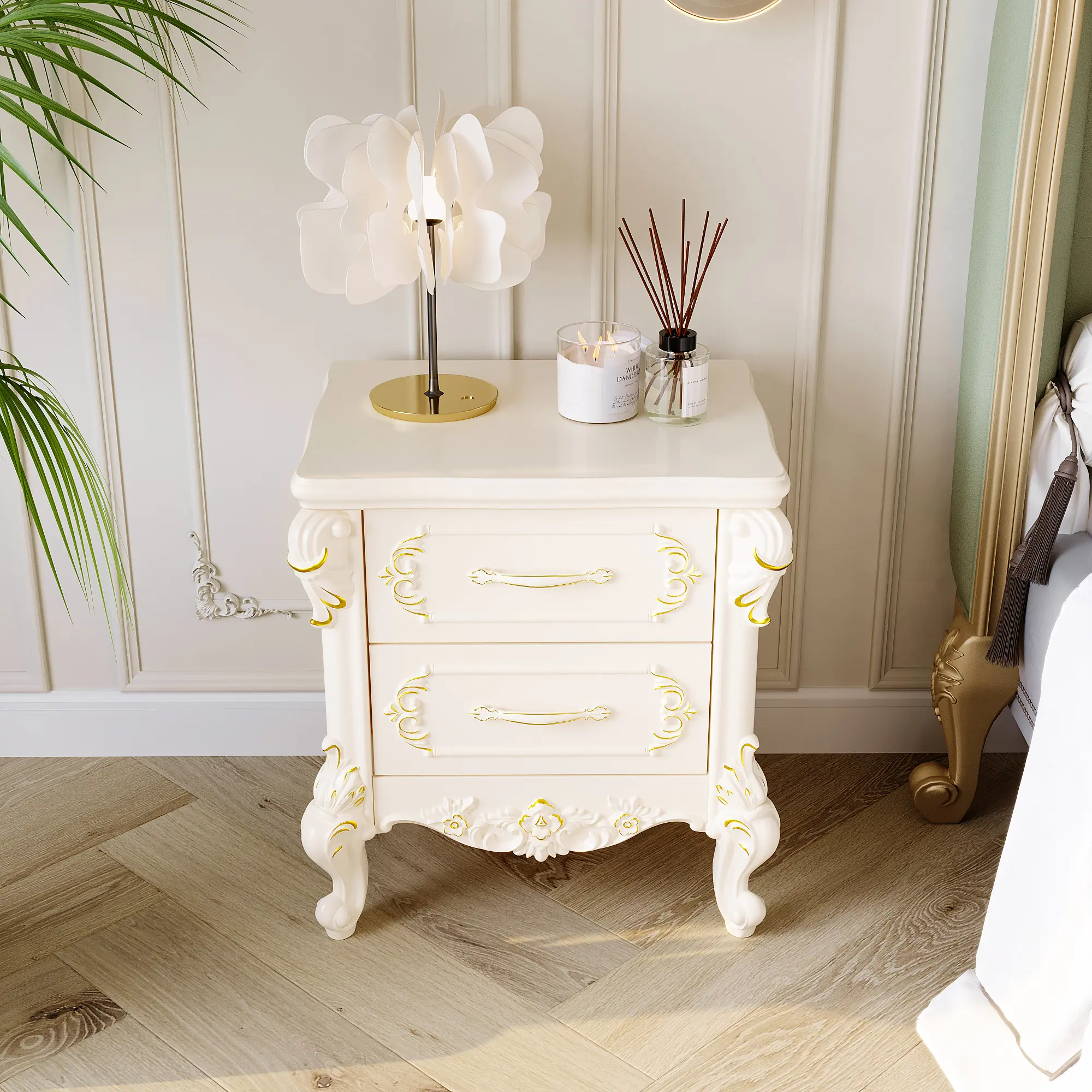 FUFU&GAGA 2-Drawer European Antique Nightstand, White Gold Floral Carved Bedside End Table, Classic Bedroom Storage Cabinet