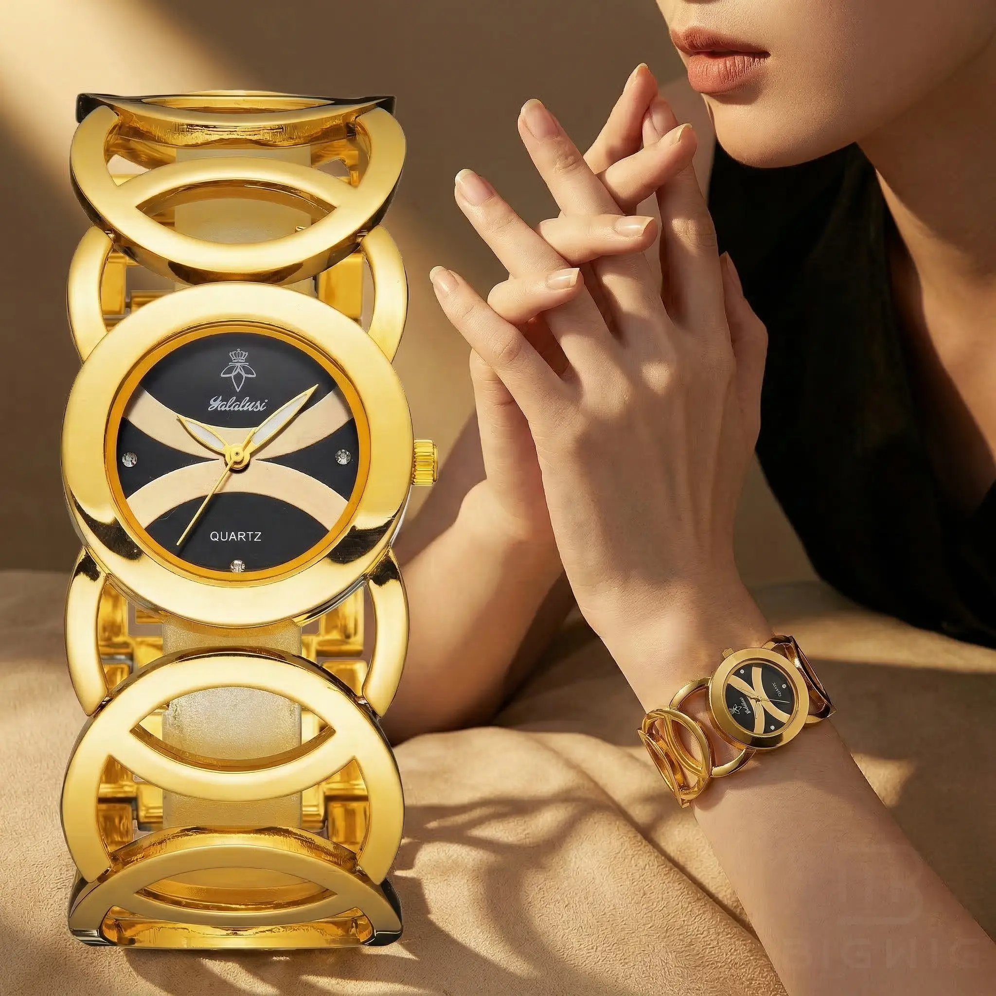 [Mother's Day Gift] Women's Chunky Gold Statement Watch - Vintage Hollow-Cutout Cuff Bracelet, Classy, Designer Inspired, Fashion, Gold Accents, Metal Series Wrist Watches for Party & Work, Classy Wrist Watches