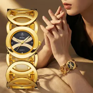 [Mother's Day Gift] Chunky Gold Statement Watch for Women, Vintage Hollow Cutout Cuff Bracelet Watch, Elegant Ladies Jewelry Wristwatch for Party & Work