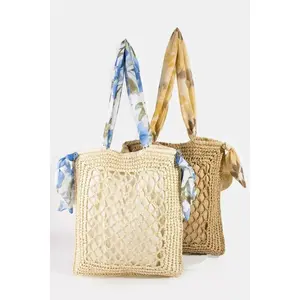 Fame Tropical Bandana Strap Straw Braided Tote Bag