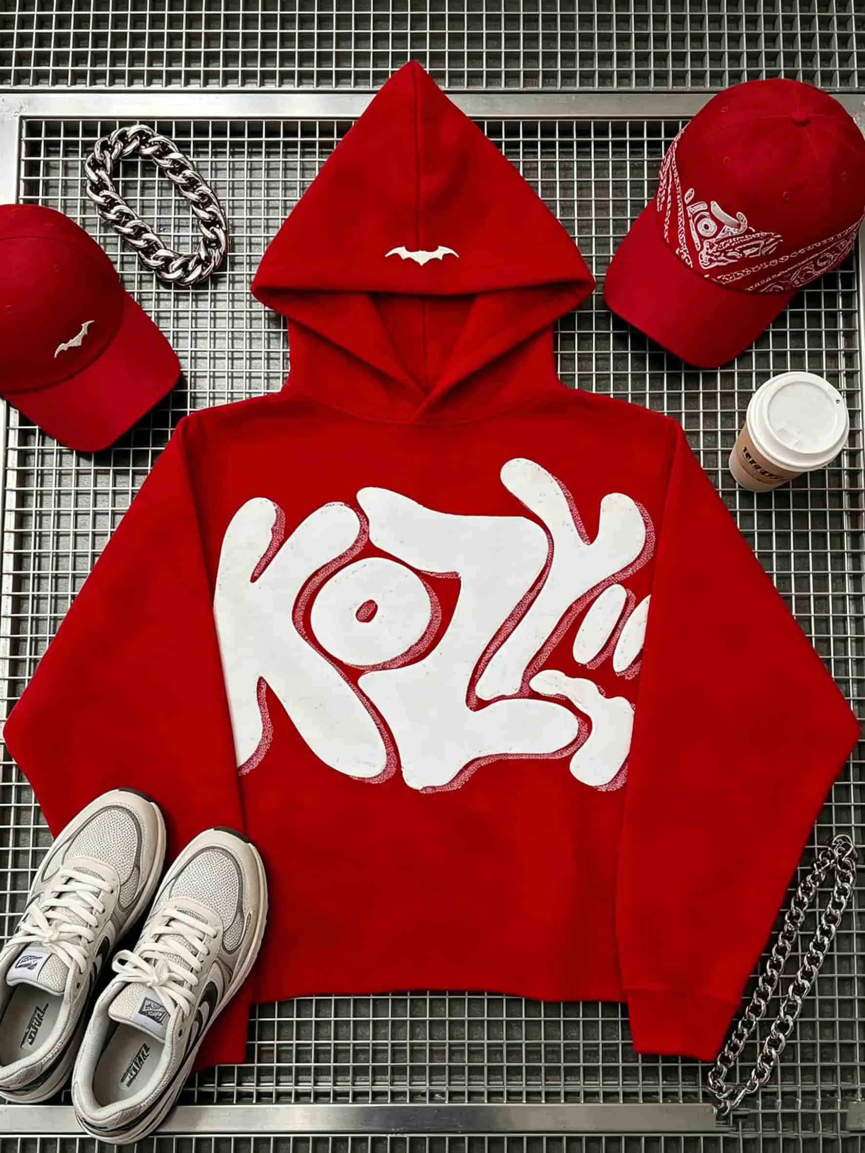 Womenswear Y2K KOZY Graffiti Hoodie - Women's Oversized Streetwear Pullover, Gothic Bubble Letter Print, Bat Detail, Casual Harajuku Style