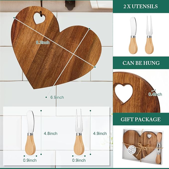 1/2 Set Valentine Mini Charcuterie Board Baby Shower Prize Heart Shaped Cutting Board with Knife Fork Thank You Gift for Couple Teacher Guest,Wedding Party Bridal Shower Favors Supplied,Anniversary Birthday Holiday Gifts