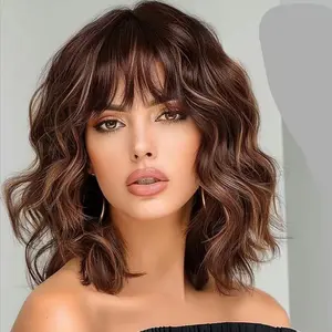 12inch Short Brown Highlights Bob Wigs  Synthetic Hair with Bangs Short Curly  for Women Lightweight Party Daily Use