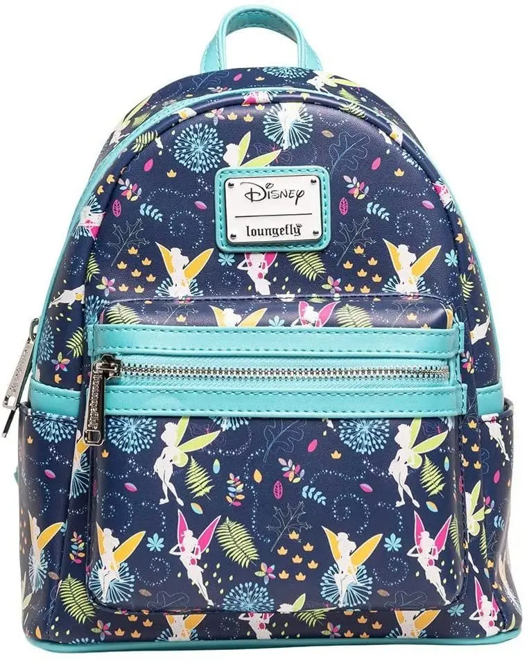 Loungefly Disney Tinkerbell Cute Versatile Glow in the Dark Mini Backpack, Faux Leather Allover Print with Teal Straps and Side Pockets, Cute Versatile Backpack, Glows In The Dark, Adjustable Strap, W 9" X H 10.5" X D 4.5", Travel Backpack, Easy To Carry