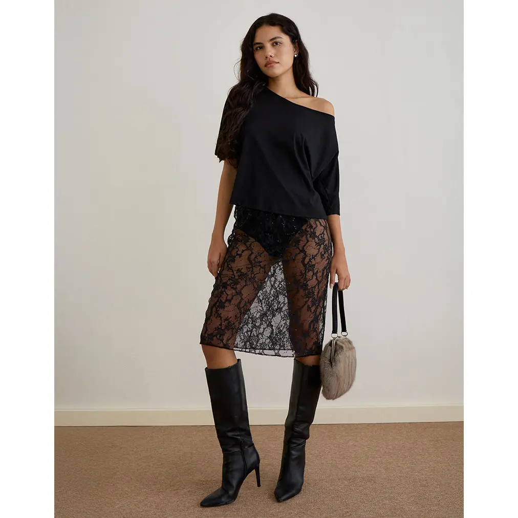 Ramona Midi Skirt in Sequin Lace Black