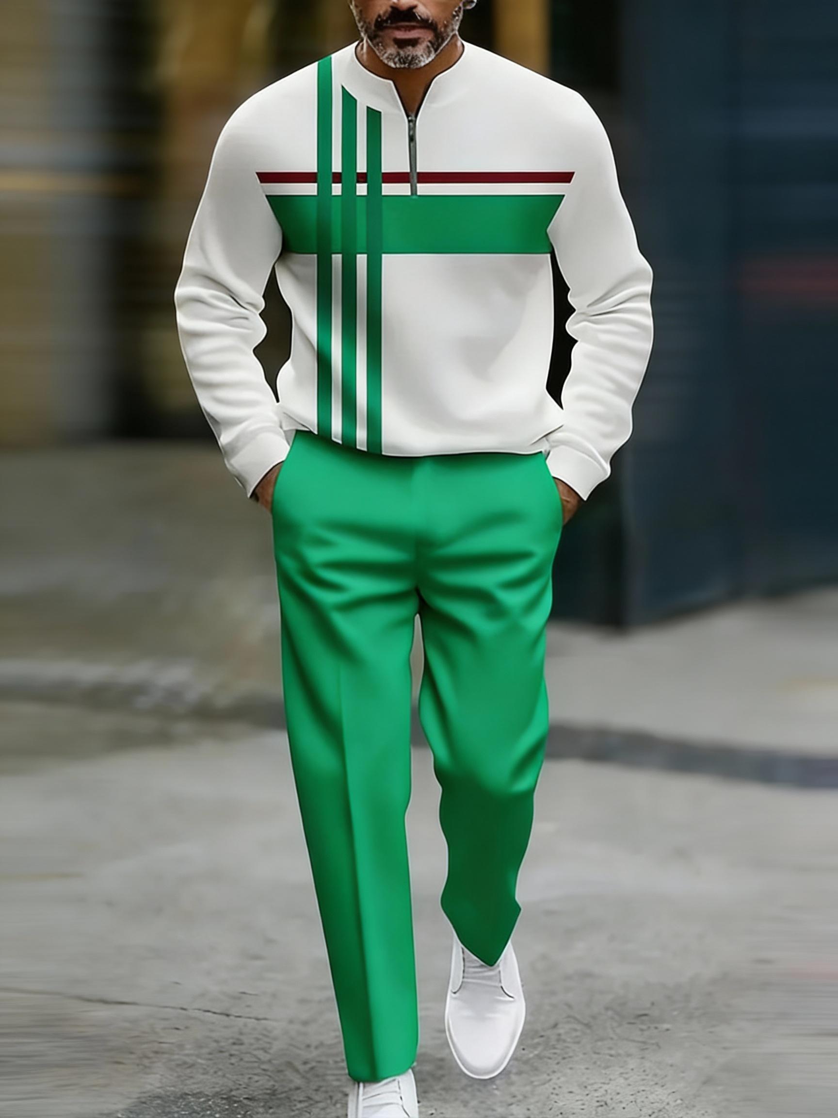 Half Zipper Fashion Casual Set with Trendy Personalized Stripe Design Simple Comfortable Versatile Sportswear Clothing