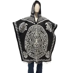 Traditional Hooded Poncho for Adults - Aztec Calendar design