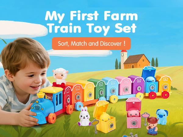 Hahaland Farm Counting Matching & Sorting Train Set-Includes 9 Barns,9 Animal Puppets,&9 Keys for Learning Colors & Numbers Farm-Animals Finger Puppets Keys to Lock and Unlock Barn-preschool Toy-Birthday Easter Basket Stuffers for Kids 1 2 3 Year Old