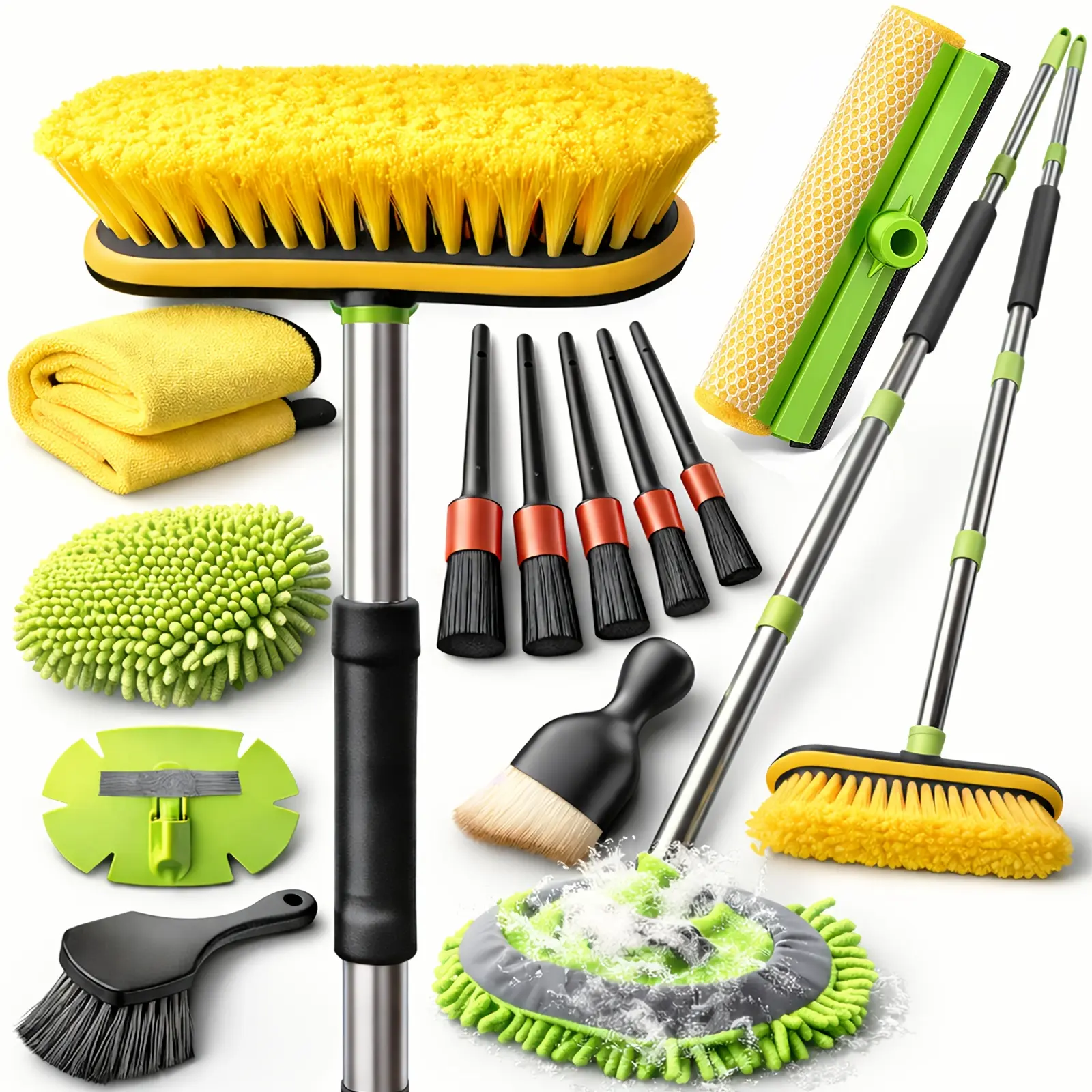 65'' Car Wash Brush with Long Handle,Car Wash Kit with Tire Brush,Tower,Window Squeegee,Chenille Microfiber,Car Detailing Brushes,Car Cleaning Brush Kit Supplies for Car,Truck,SUV,RV
