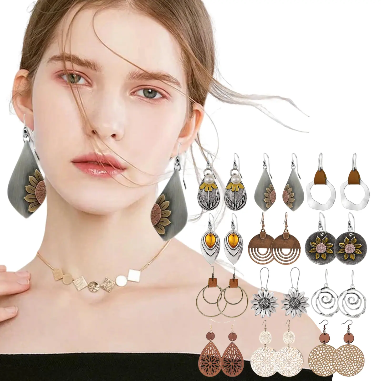 12 Pair Bohemian Earring Set for Women, Vintage Wood and Leather Folk Earrings with Geometric & Sunflower Designs, Hypoallergenic Studs and Dangles