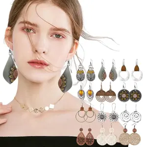 12 sets of Bohemian vintage , wooden leather geometric circles, sunflower , ethnic style, unique stud , Christmas gift, suitable for women's daily wear, hypoallergenic，Fashion Accessories earring