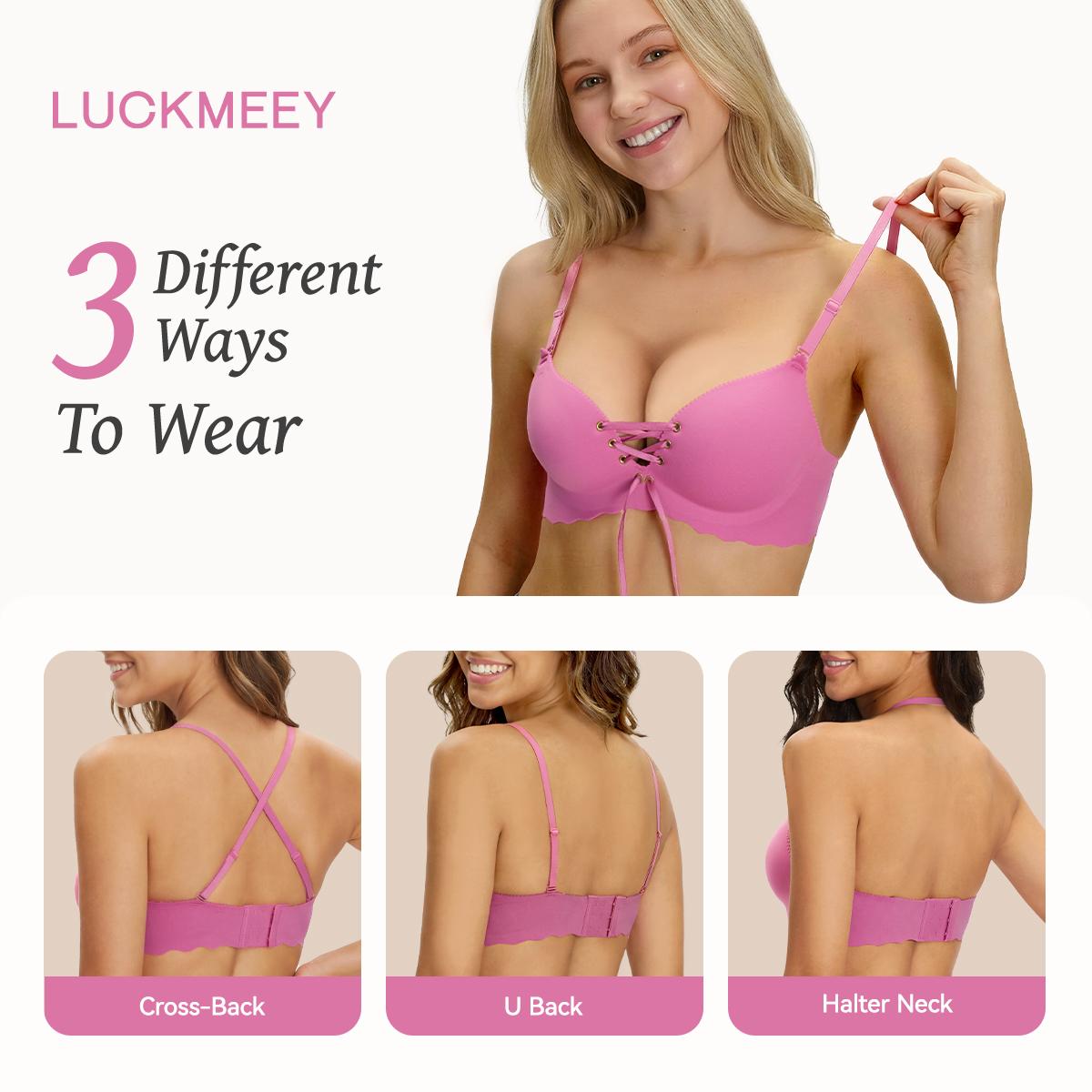 LUCKMEEY Drawstring Push Up Bra | Instant Cleavage & Anti-Sagging | Add 2 Cups Padded Wireless Comfort Bra for A B C Cups Womenswear Minimalist Pink