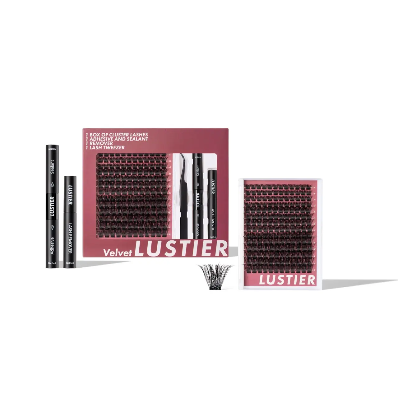 LUSTIER VELVET LASH KIT - Premium Feather-Soft D-Curl Cluster Lashes 8mm-18mm Eyelash Extensions with Adhesive & Tweezers