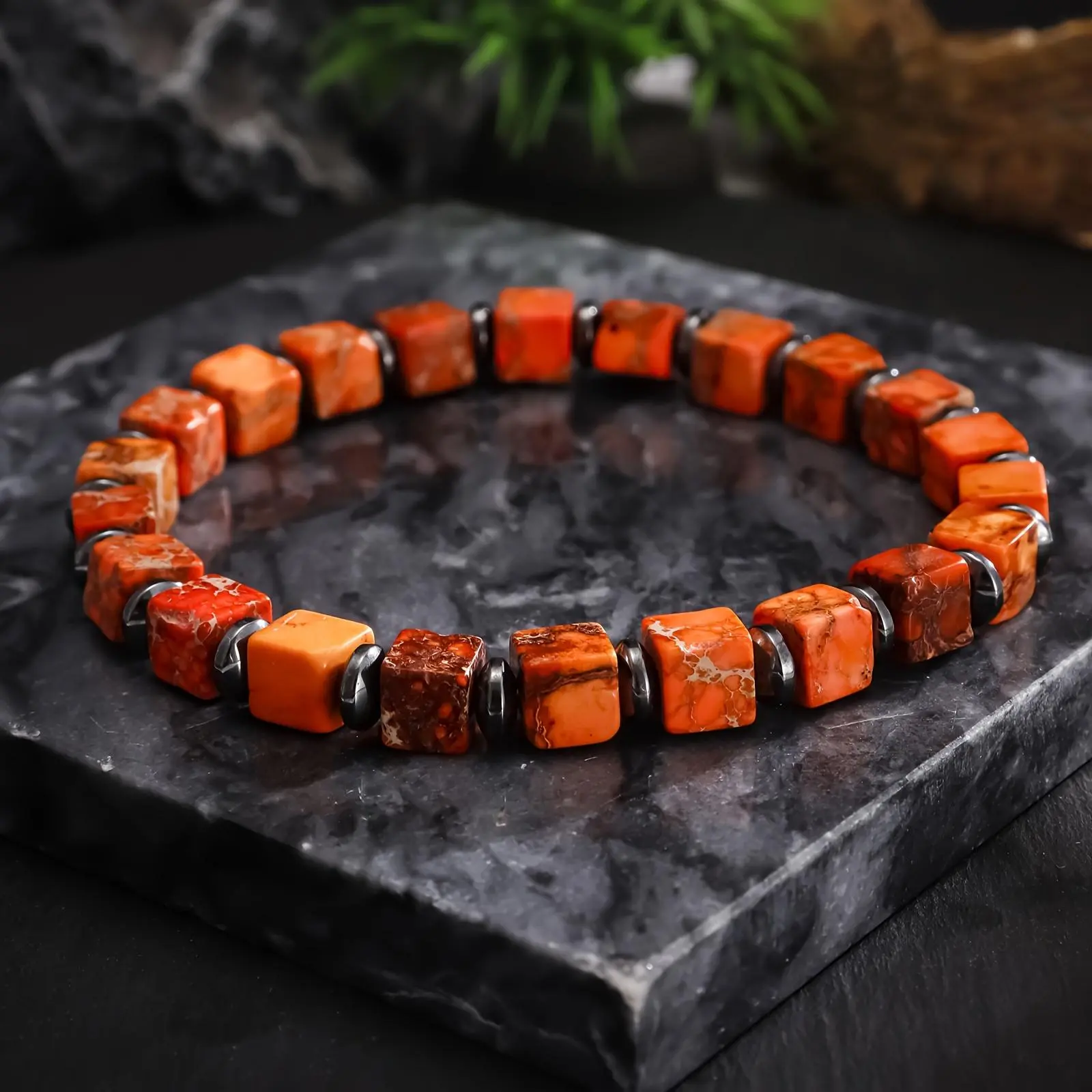 Handcrafted 6mm Orange Turquoise-Hematite Beaded Bracelet - Natural Stone Stretch Cord, Vintage-Inspired, Ideal for Casual Wear & Gifting