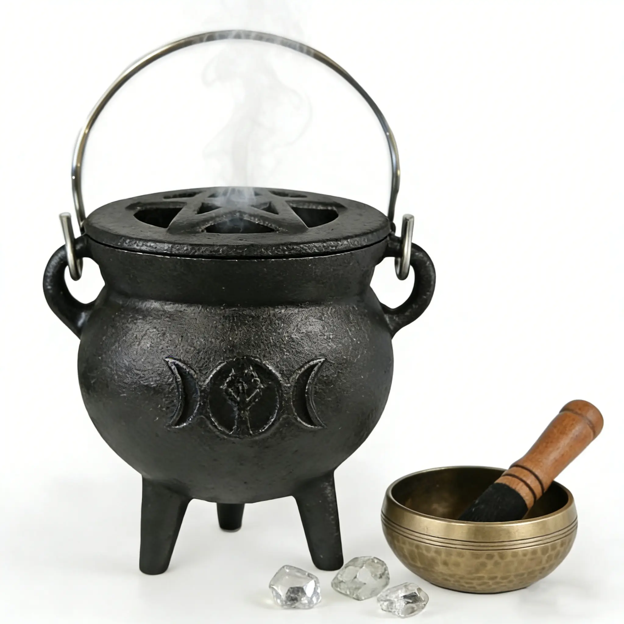 TOPFISH Triple Moon Raw Metal Cast Iron Cauldron with Handle - Mini Size Pre-Seasoned Cast Iron Pot, Ritualistic Smudge Bowl for Incense Burning, Gift for Collectibles Enthusiasts