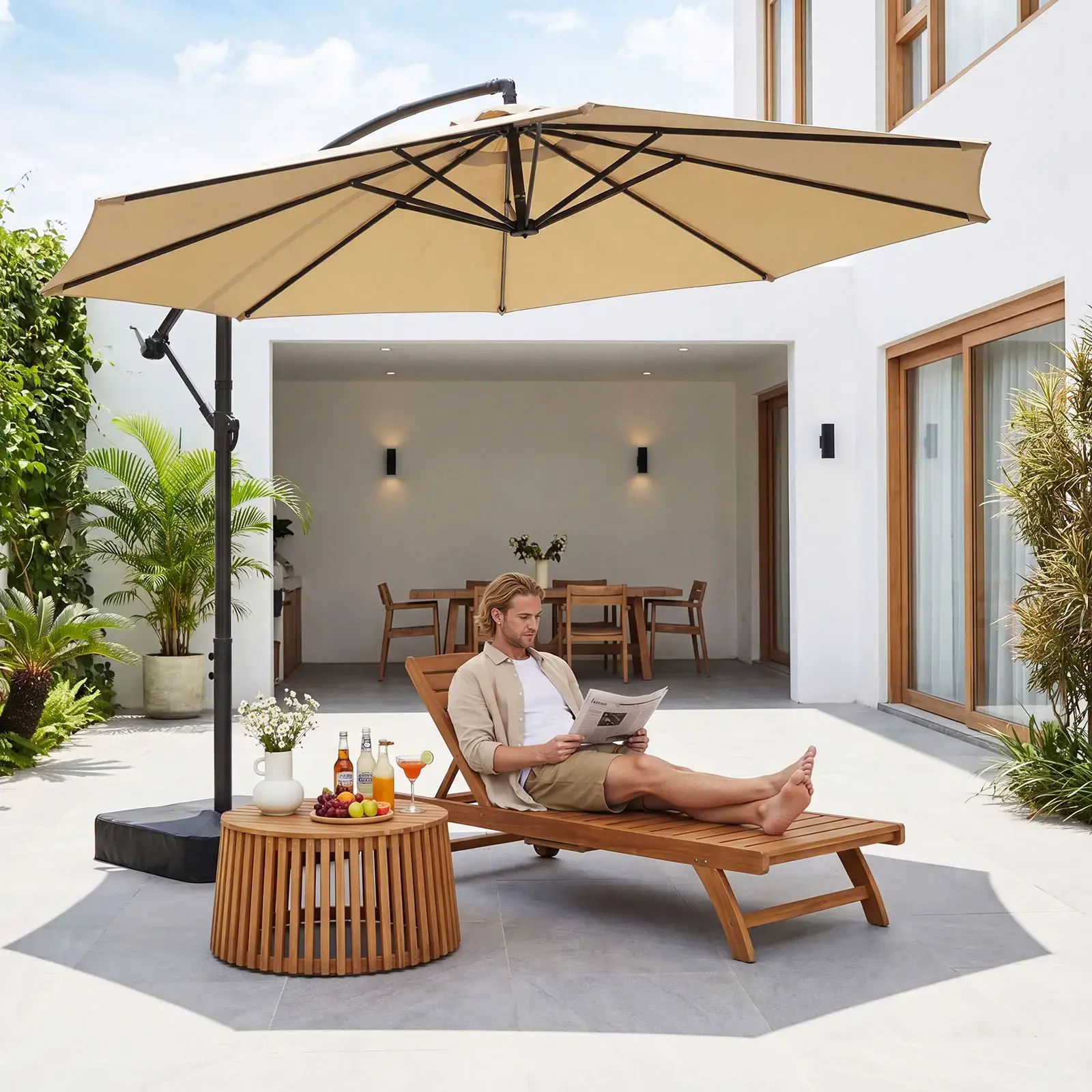 Outdoor 10ft Cantilever Patio Umbrella - 360° Rotating Offset Sun Shade with Adjustable Tilt, Heavy Duty Cross Base, Heavy Duty 8-Rib Steel Frame for Patio, Pool, Deck, Backyard, Cream, Patio furniture sets
