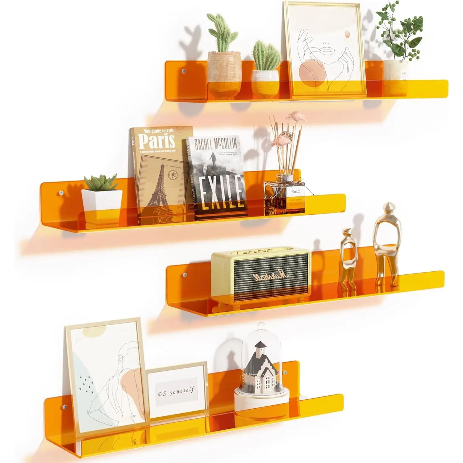 Shelves for Wall Decor, 15" Display Shelf Perfume Organizer for Bathroom, Bedroom, Living Room, Floating Bookshelves for , Clear Orange, 4 Pack