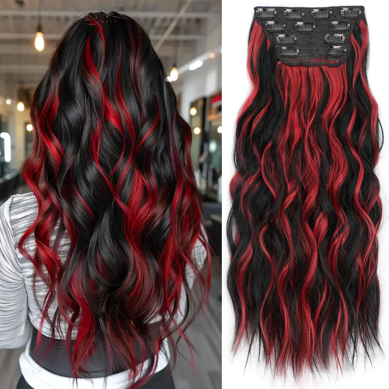 YVELIEN Clip-in Synthetic Curly Hair Extensions, 4PCS 20-Inch Wavy Highlight Black Double Weft Fiber Extensions for Women, Volumizing, Comfortable & Healthy, Clip In Hair Extensions