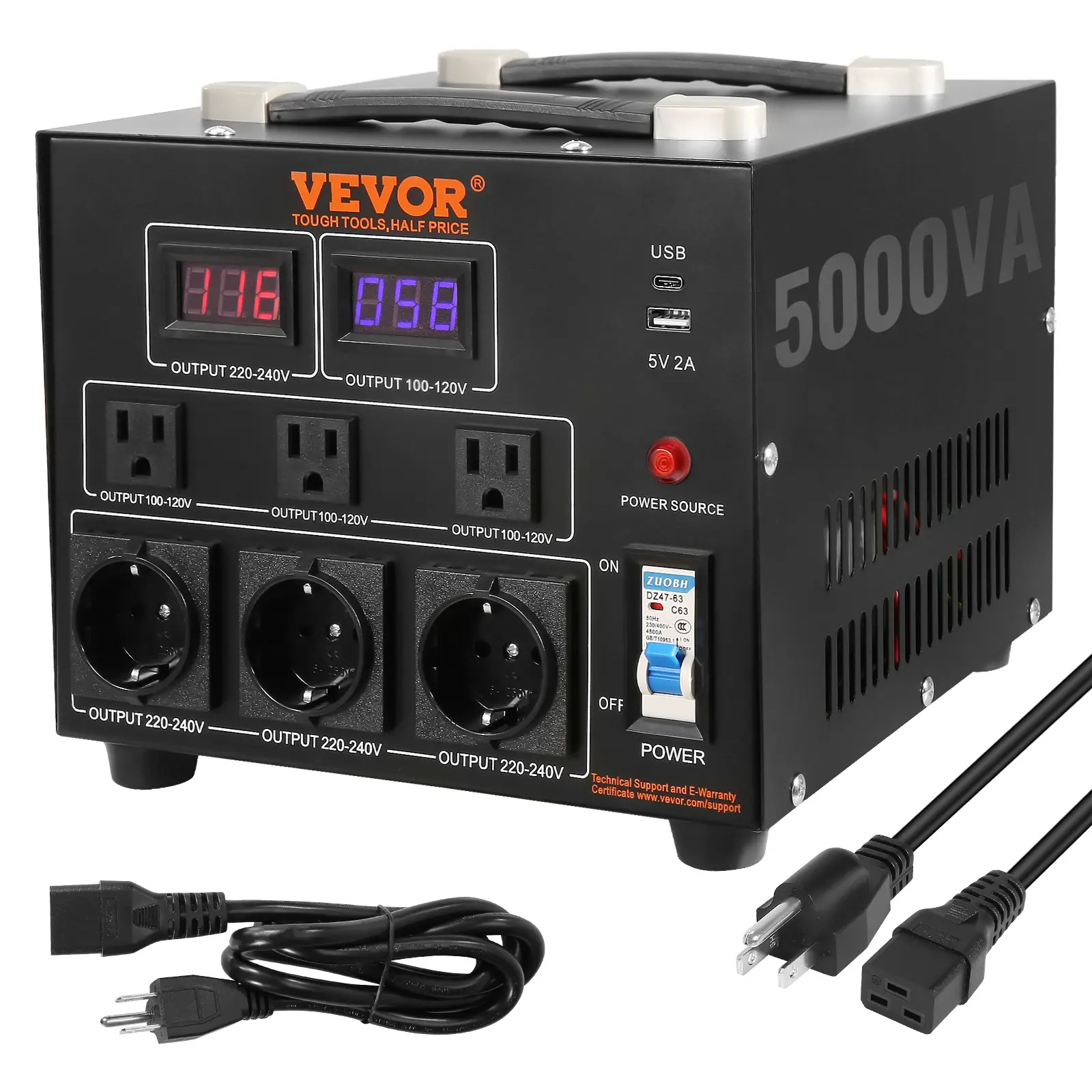 【Summerfinds】VEVOR Voltage Converter Transformer Max. 5000W,Not for EV ChargingHeavy Duty Step Up/Down TransformerConvert from 110 Volt to 220 Volt and from 220 Volt to 110 Voltwith US Outlet EU Outlet 5V USB Port