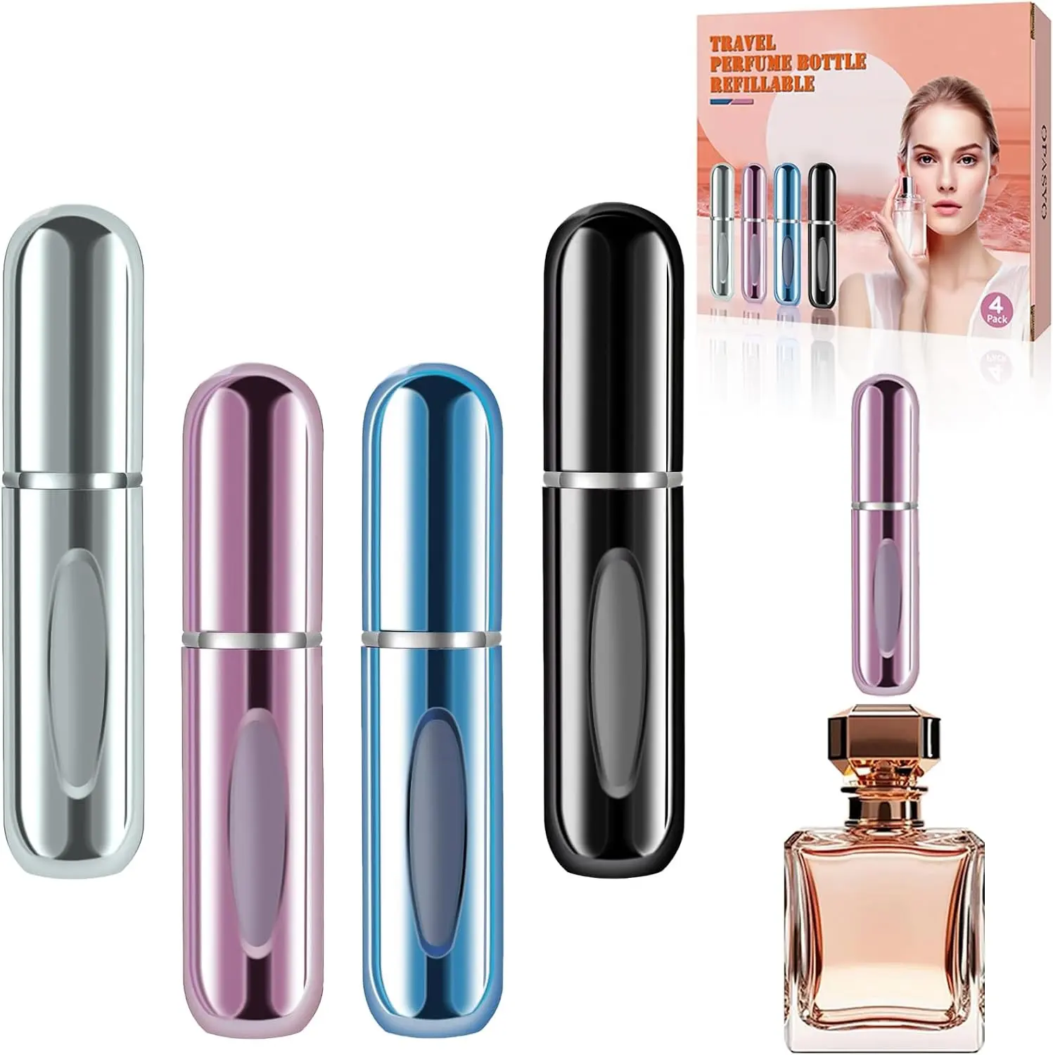 opasyo Refillable Perfume Portable Atomizer Bottle Refillable Perfume Spray, Leak-Proof Perfume Spray Bottle, Travel Perfume for Traveling and Outgoing (5ml, 4 Pack Silver/Pink/Blue/Black)