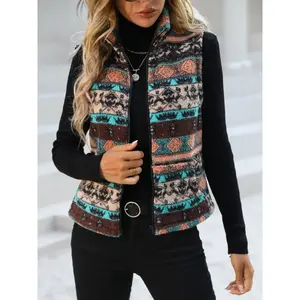 Women's elegant plant pattern vest jacket, stand up collar sleeveless pocket jacket, autumn and winter layered casual formal jacket