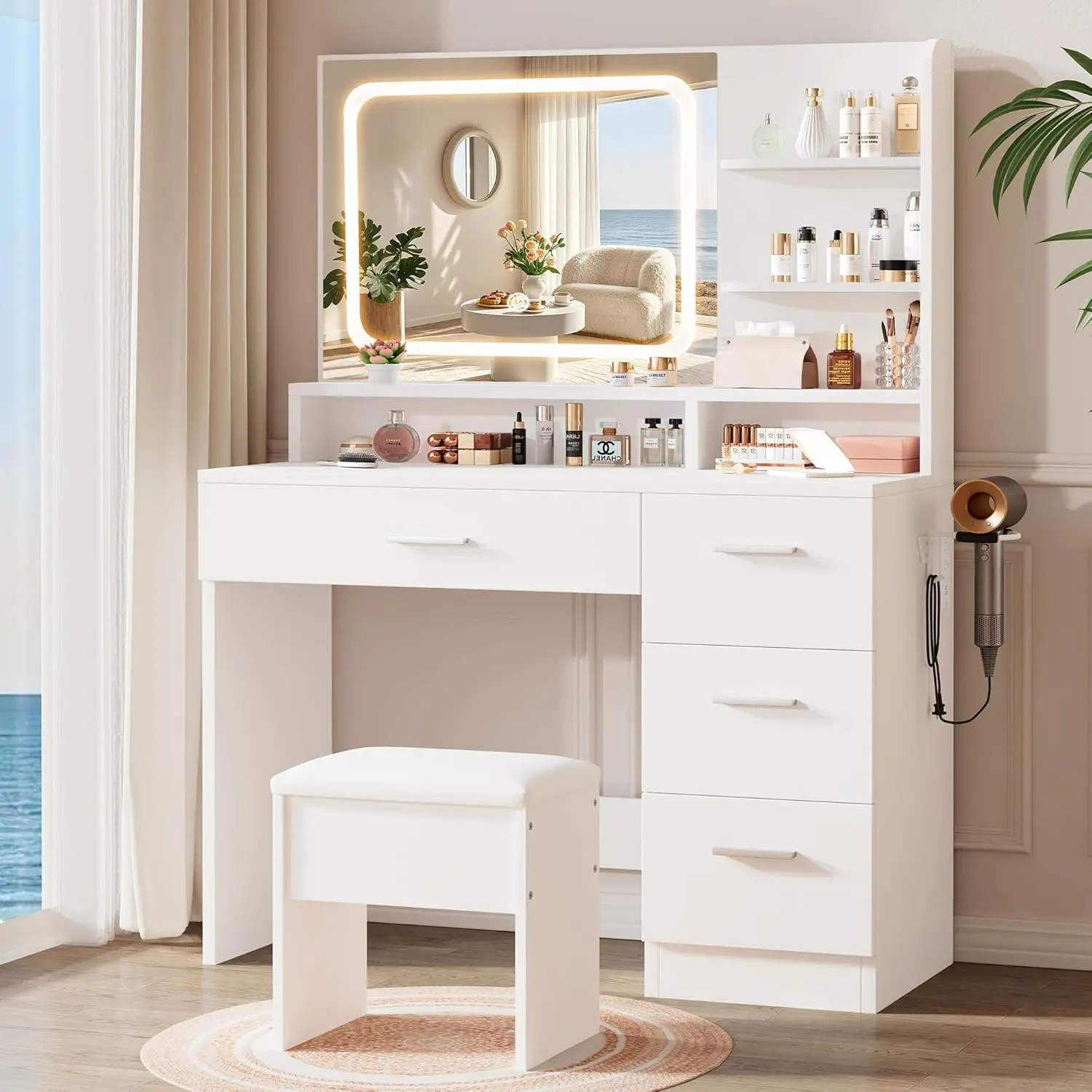 White Makeup Vanity Set with 3-Color Dimmable LED Fixed Mirror, Drawers, 3-Tier Shelves, Stool, Large Storage, Bedroom Apartment Dressing Table for Daily Makeup, Vanity Organization, Assembly Required