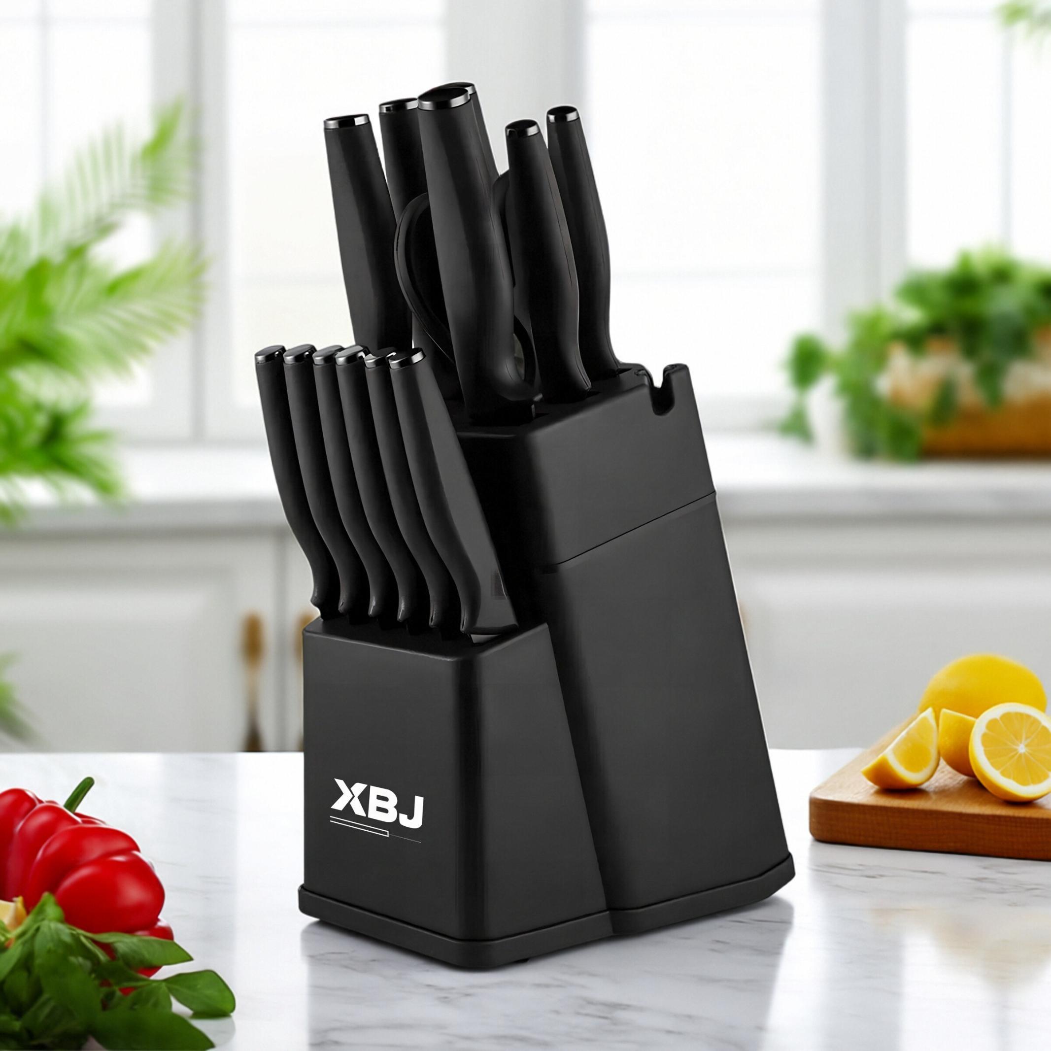 15-Piece Kitchen Knife Block Set: Including Sharpener, Heavy-Duty Poultry Shears, 6 Serrated Steak Knives. Made of German-Style Stainless Steel, Sharp & Anti-Slip.​ Kitchenware Container Box Home Chopping