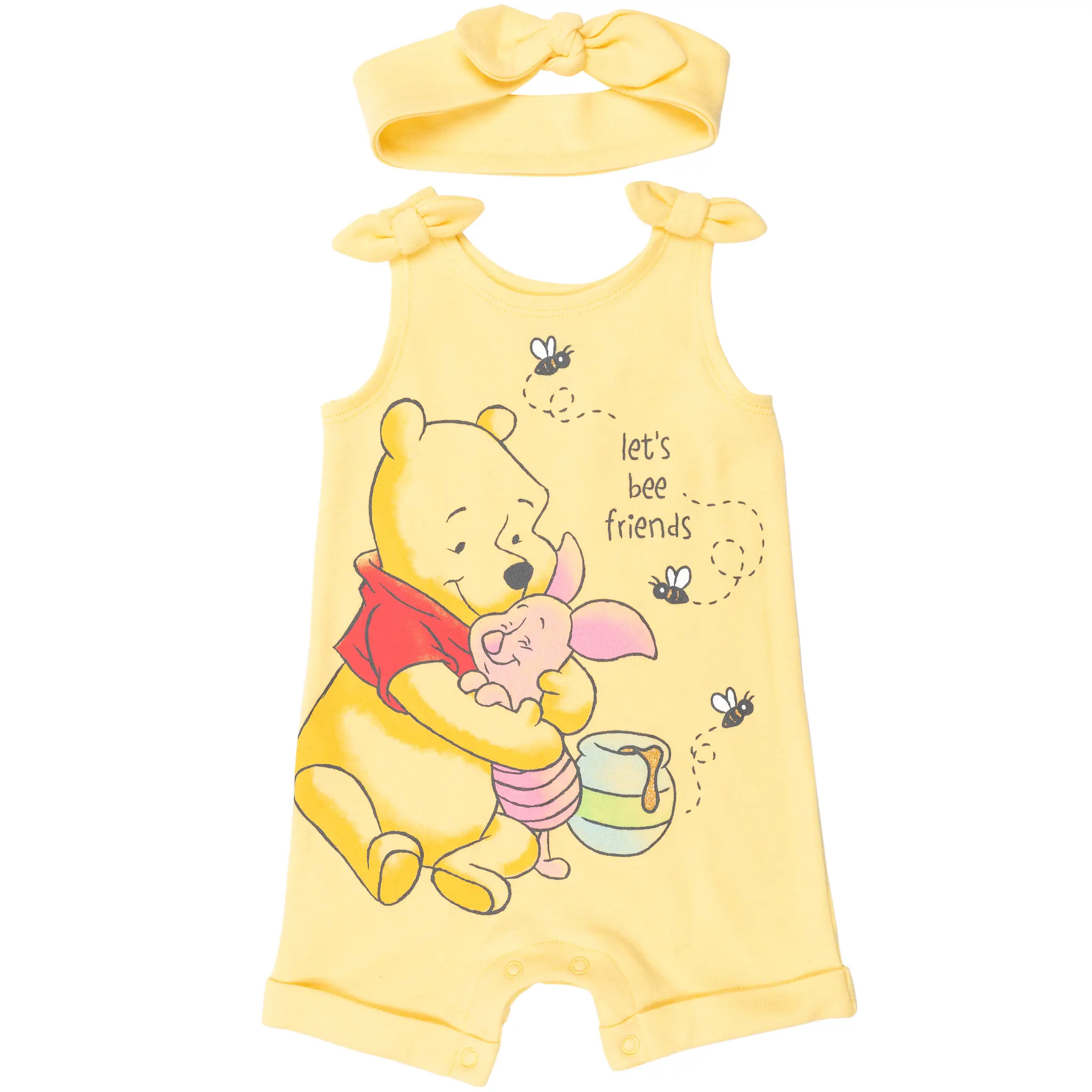 Disney Winnie the Pooh Toddler Girls' Glitter Graphic Sleeveless One Piece and Headband Outfit Piglet Yellow