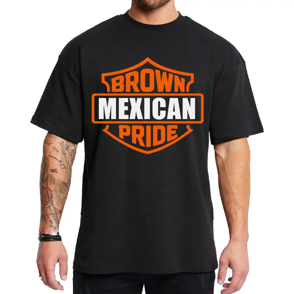 Mexican Brown Pride Logo 1 side, Men's Casual Short-Sleeve Cotton Fabric Chicano Style, Unisex Loose-Oversized Graphic Streetwear Hoodie (Menswear Top)