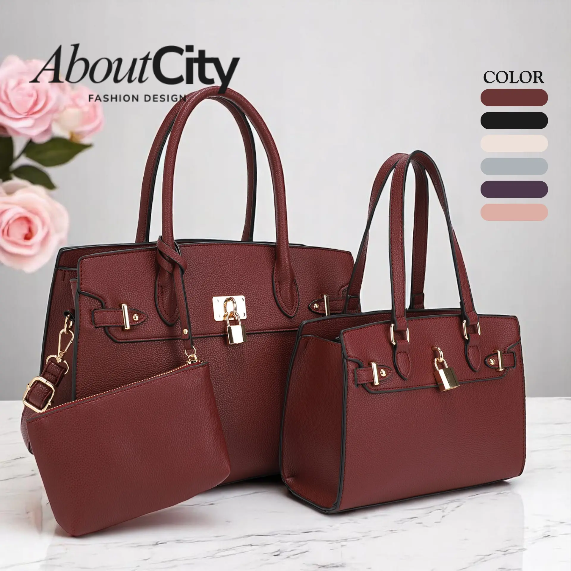 AboutCity Women's 3-Piece Fashion Elegant Vegan Leather Tote Bag Set - Fashion Purse, Work Bag for Office Ladies, Ideal Mother's Day Gift, Aesthetic Handbag, Casual Office Handbag, Bags
