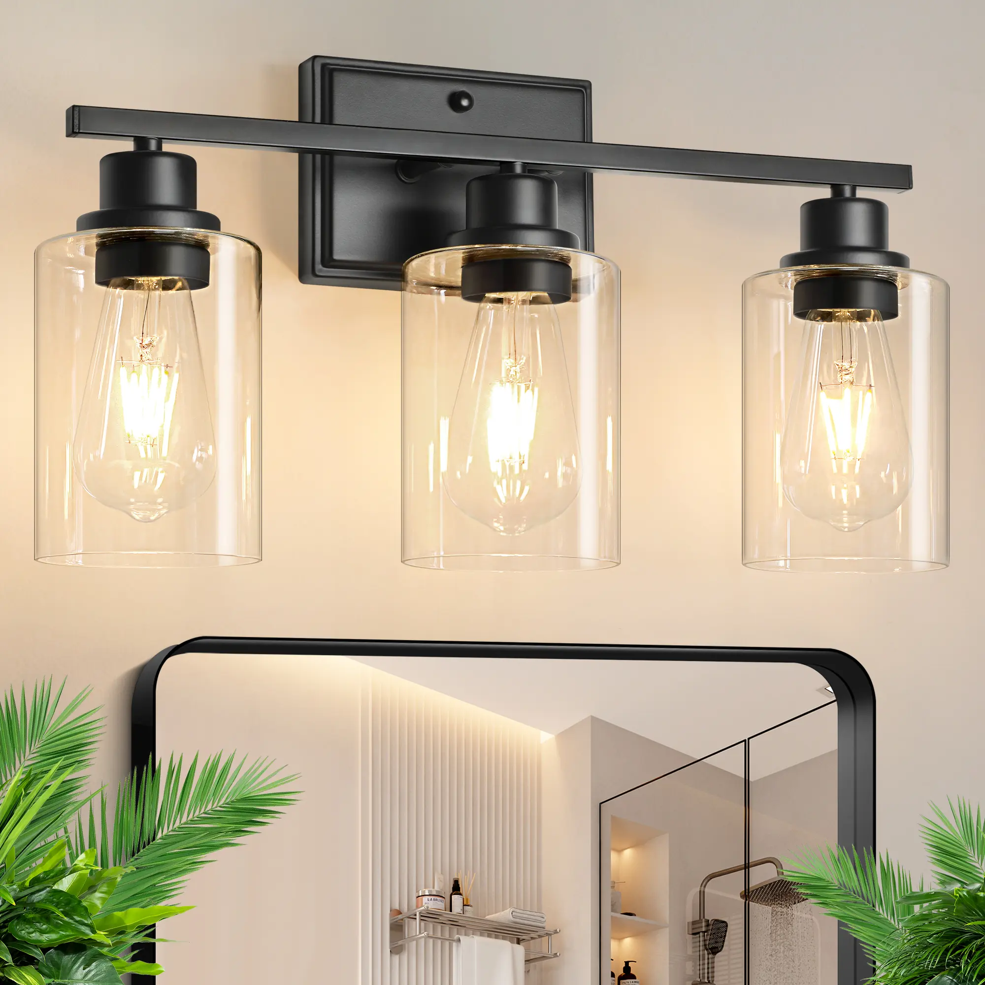 3-Light Bathroom Fixtures, Contemporary Vanity Lights Above Mirror, Black Wall Sconce with Clear Glass for Living Room, Cabinet, Bedroom, and Porch